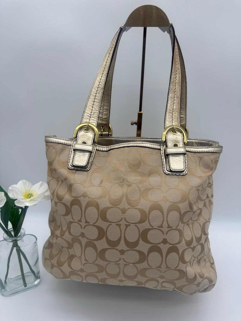 Coach Soho Pleated Canvas Tote Metallic Gold Leather Hardware Shoulder Bag